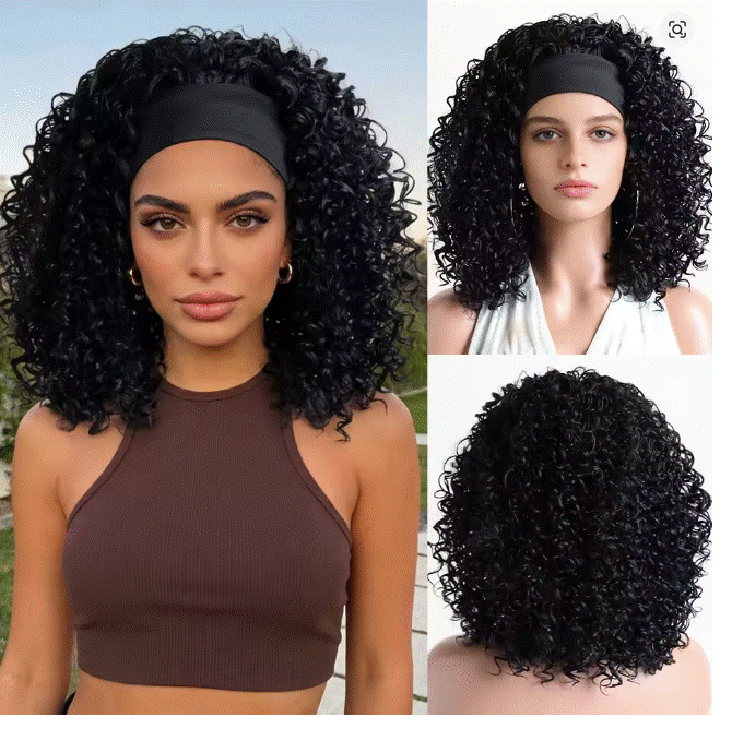 16 inch Headband Wig for Women Glueless Afro Curly Synthetic Wig with Adjustable Headband Natural Hairline Soft Full Volume Easy
